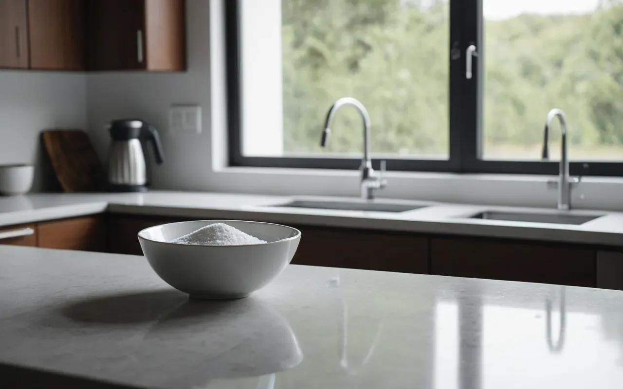 doğal koku giderici A clean modern kitchen counter with a white ceramic bowl filled with baking soda and a glass of water, soft natural lighting from a nearby window, minimalist background, no text or labels visible