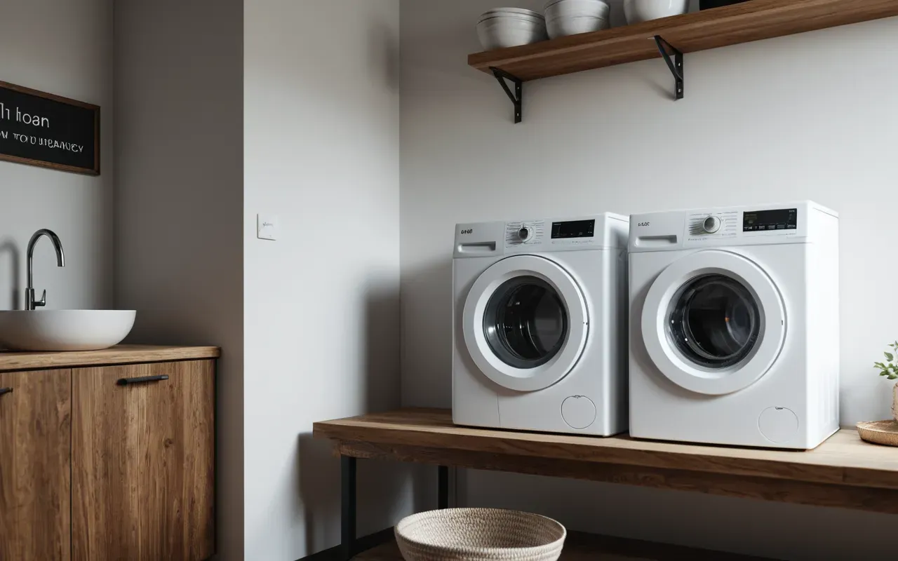 çamaşır odası düzeni A clean modern laundry room with a white washing machine, soft natural lighting, a small glass bowl containing white powder on a wooden countertop, minimalist background, no text or branding visible