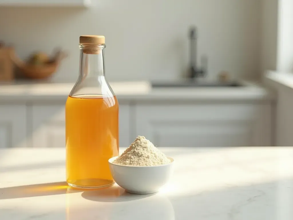 mutfaktaki doğal temizlik ürünleri A clear glass bottle of apple cider vinegar sitting next to a small bowl of baking powder on a clean white kitchen counter with morning sunlight casting soft shadows emphasizing freshness and cleanliness.