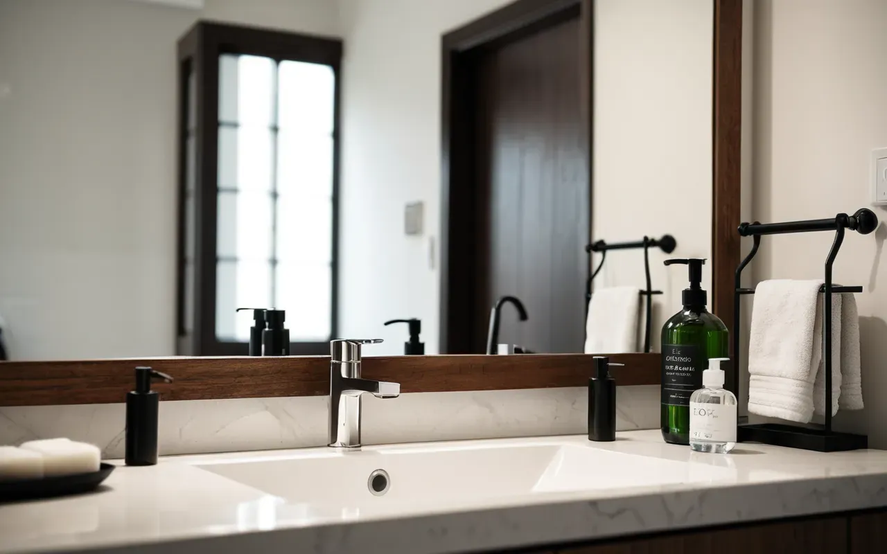 banyo temizlik malzemeleri A close-up of a modern bathroom mirror reflecting a clean sink area with neatly arranged natural cleaning supplies on the counter, soft daylight.