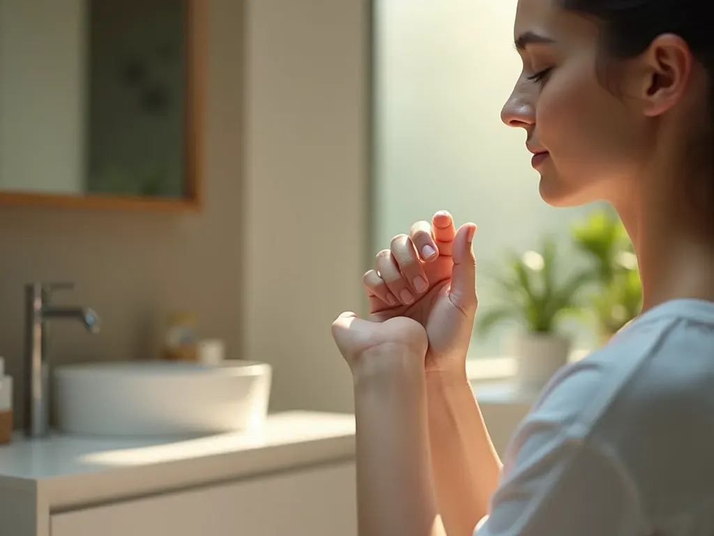 koku yorgunluğu nedir A close-up of a person holding their wrist and smelling it with eyes closed in a brightly lit modern bathroom.