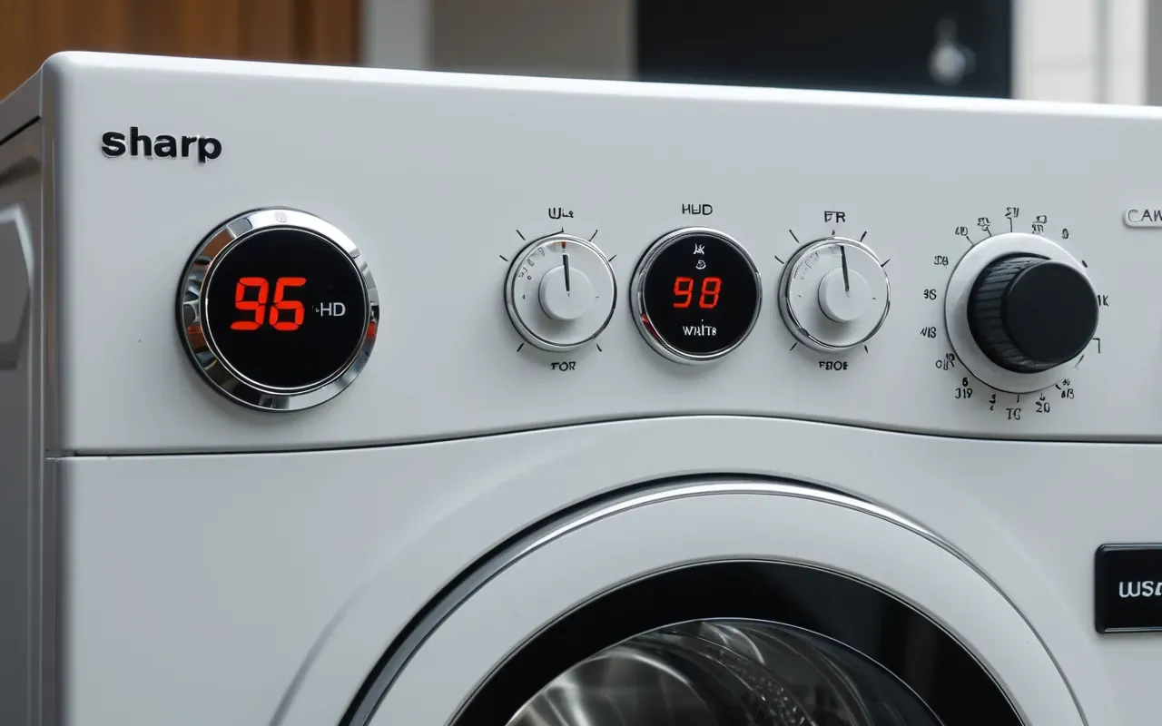 makine ayarları A close up of a washing machine control panel showing temperature settings, soft daylight illuminating the dials, clean white surfaces, no labels or text visible, realistic photography style