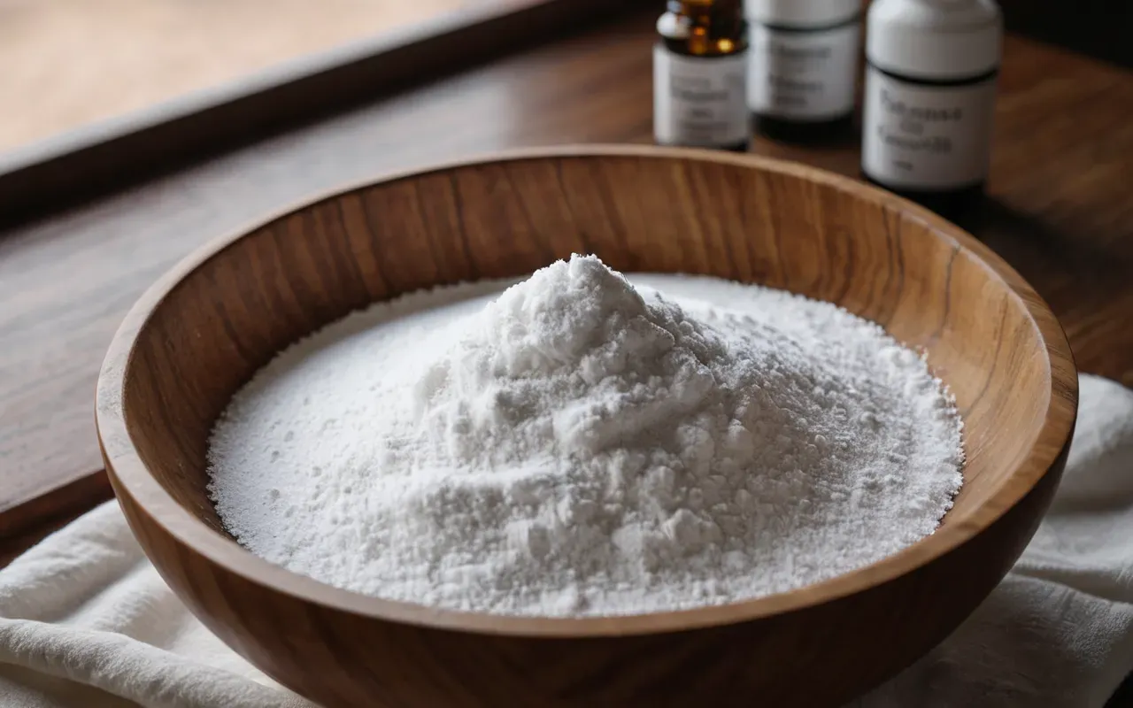 doğal temizlik malzemeleri A close up of a wooden bowl filled with white baking soda powder and small bottles of essential oils. A clean cloth is placed nearby.