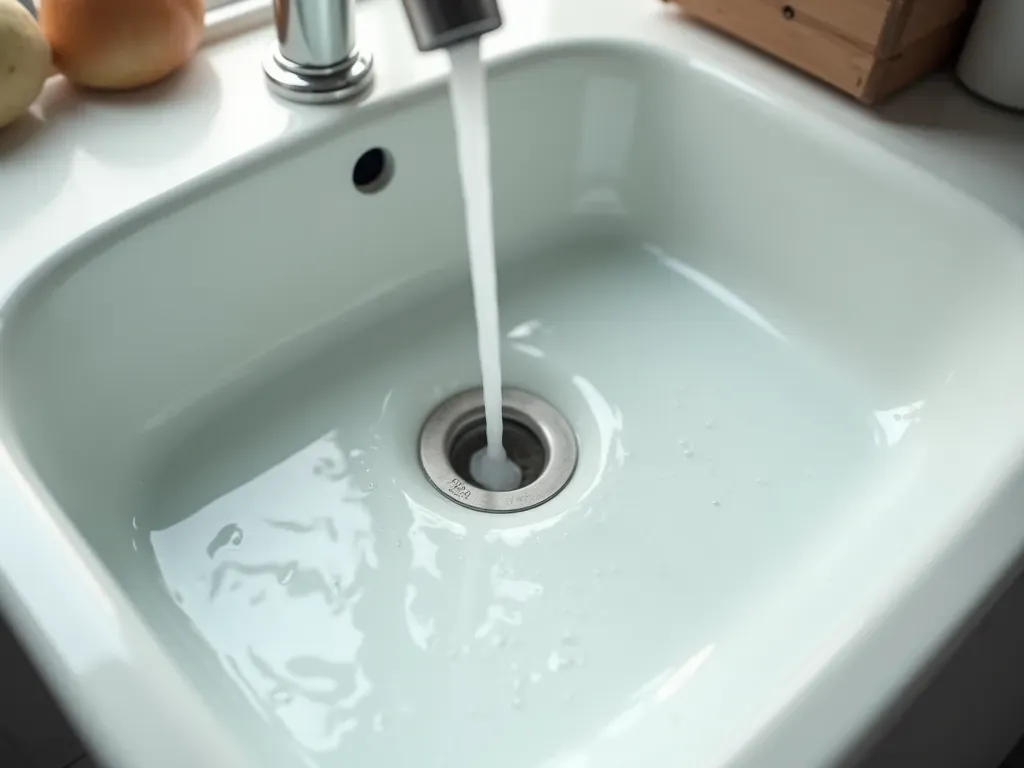 temiz lavabo A close-up photo of a modern white ceramic kitchen sink with clear water running smoothly down the drain. The scene is brightly lit by natural window light coming from the left side. No text or labels are visible on any surfaces.