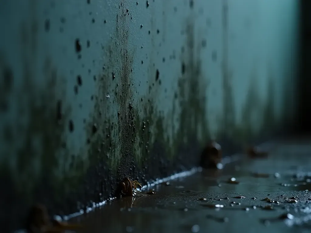 rutubet tespiti A close-up shot of a damp wall corner showing subtle mold growth and condensation droplets on the surface. The lighting is dim and moody to emphasize the hidden nature of humidity problems in home environments.