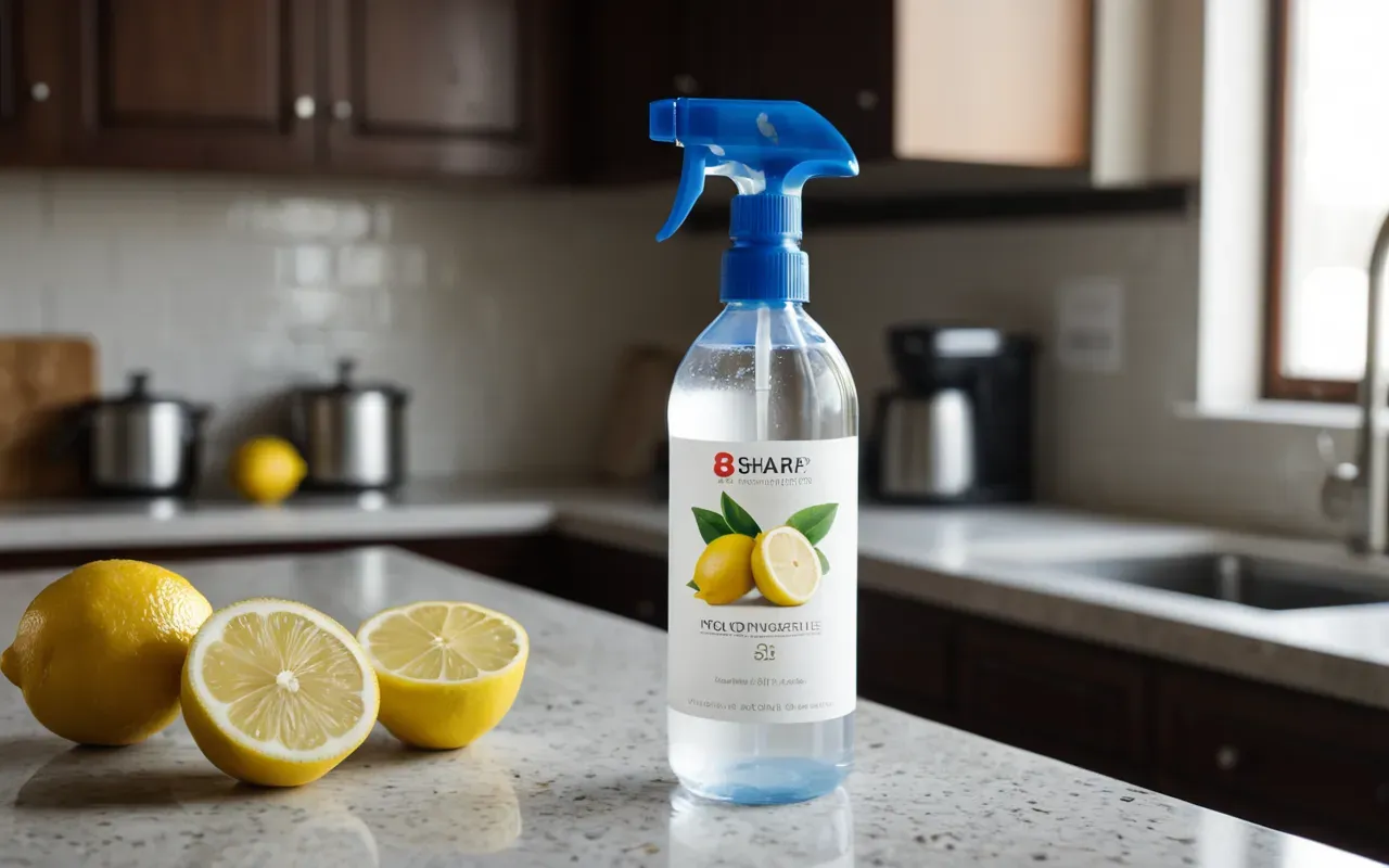 doğal temizlik ürünleri A close-up shot of a spray bottle on a clean kitchen counter with lemon slices nearby. The focus is sharp and the lighting is bright and natural.