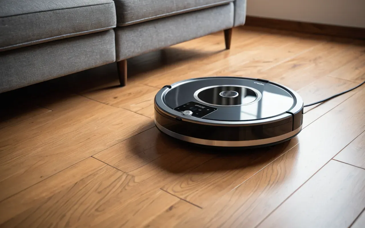temizlik rutinleri A close up view of a modern robot vacuum cleaning the wooden floor in a bright living room with minimal furniture nearby.