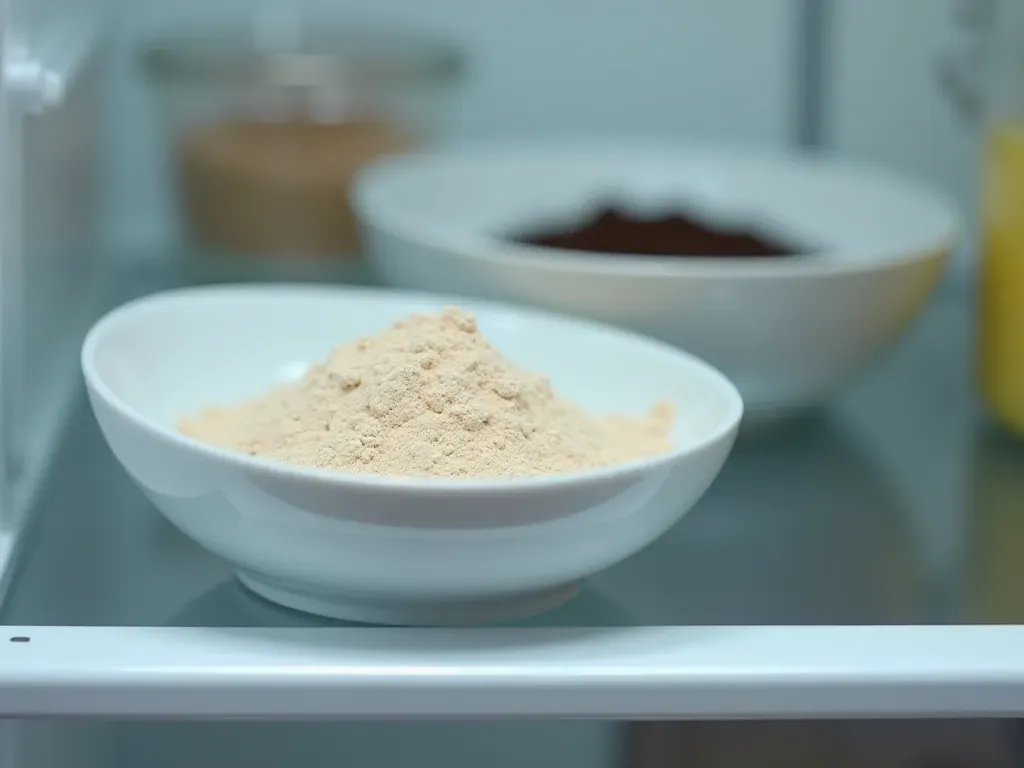 A close up view of an open refrigerator shelf with a small white bowl containing baking powder and another bowl with black coffee grounds.