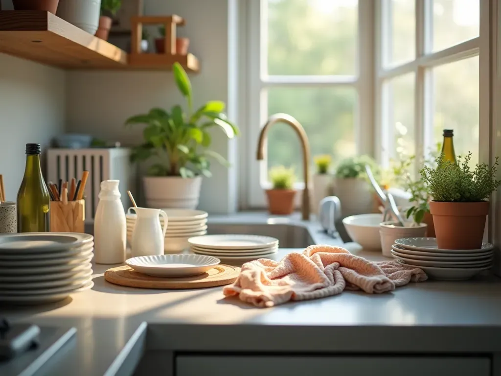 dağınık mutfak düzeni A cluttered modern kitchen counter with scattered dishes and cleaning supplies in soft morning light, showing a realistic messy state before organizing.