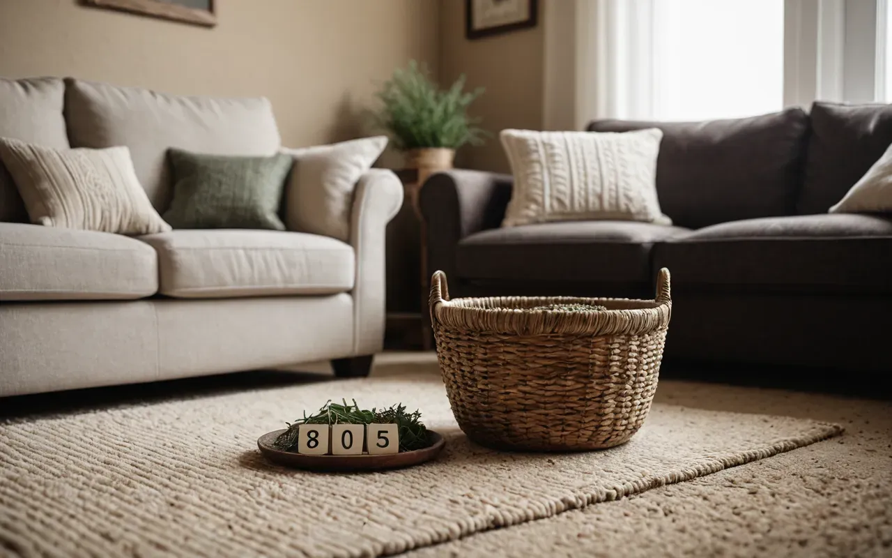 A cozy living room corner with soft beige carpet and comfortable sofa cushions. A small decorative basket sits nearby holding dried herbs for natural air freshening effect. Warm ambient lighting creates inviting atmosphere free from clutter or text overlays.