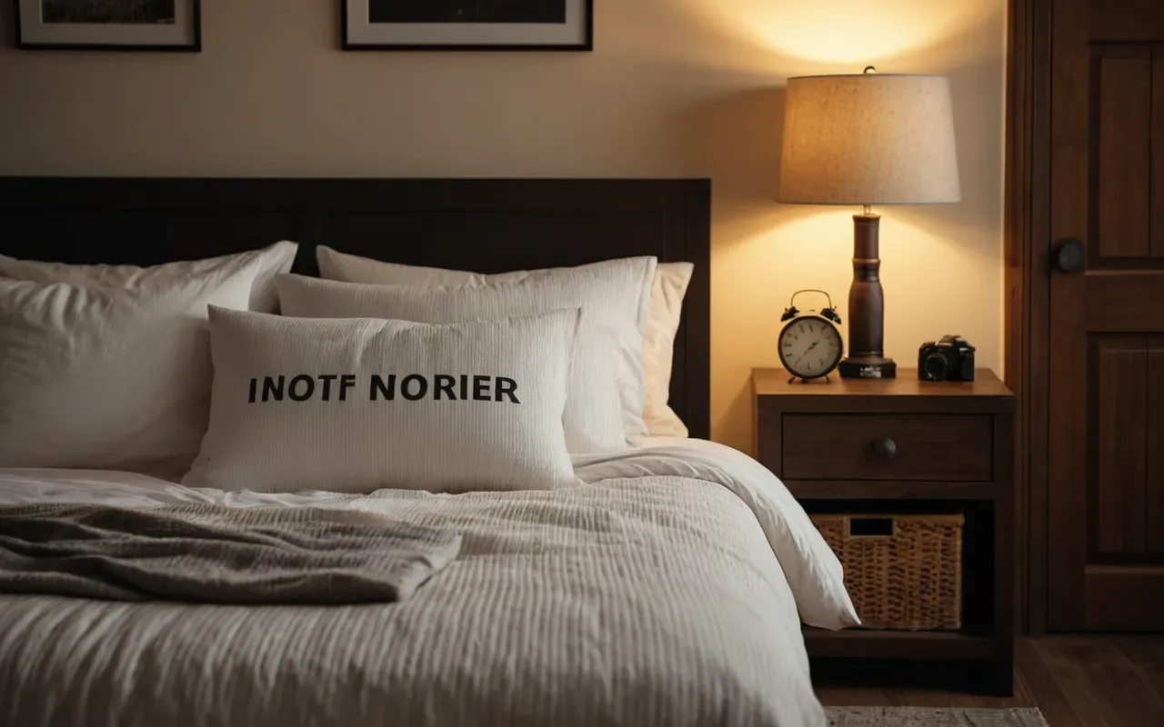 rahat ortam A cozy modern bedroom with a neatly made bed and soft neutral linens under warm evening light from a bedside lamp.