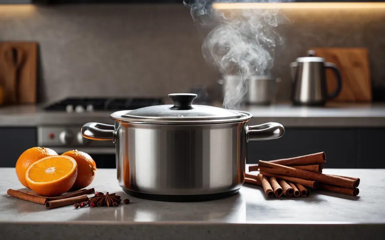 doğal koku tarifi A cozy modern kitchen counter featuring a small stainless steel pot with steam rising from it. Inside the pot are visible slices of fresh orange and cinnamon sticks. The lighting is warm and natural, creating an inviting atmosphere without any text or branding.