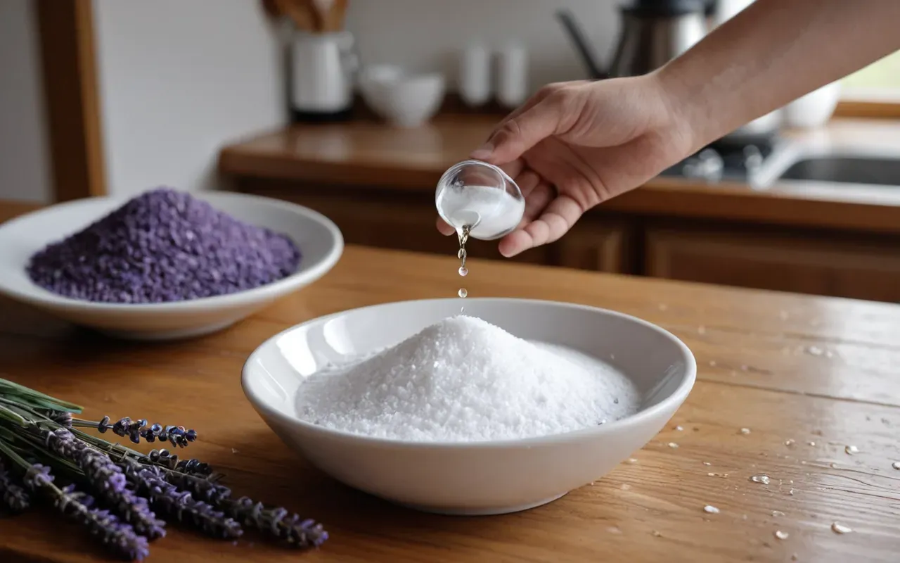uçucu yağ ve karbonat A hand dropping a few drops of clear lavender essential oil onto white baking soda in a small glass bowl, set on a clean wooden kitchen counter with soft morning light.