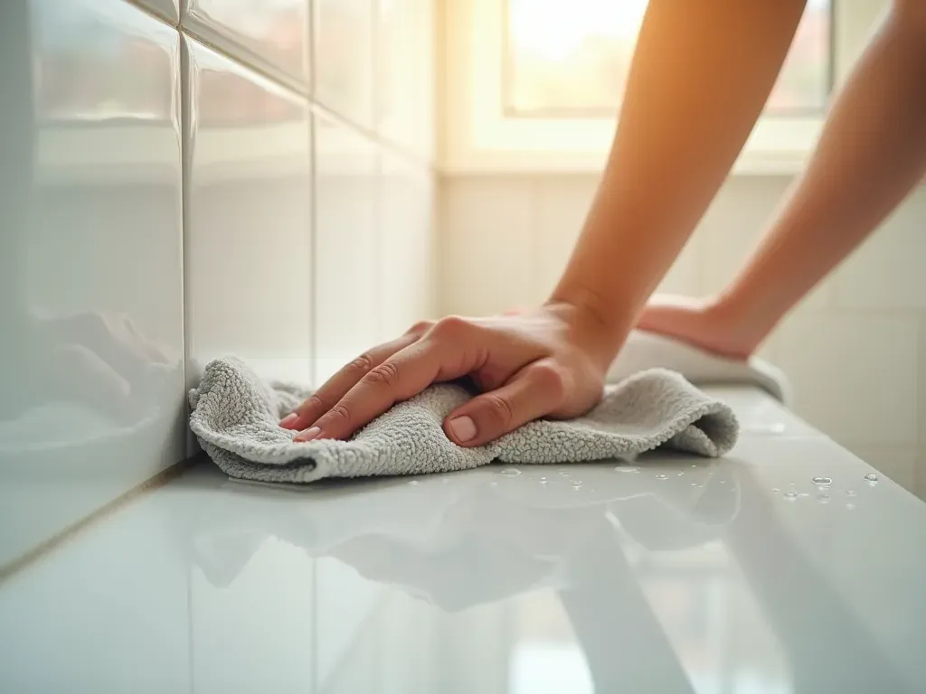 banyo fayans temizliği A hand holding a microfiber cloth wiping clean white bathroom tiles with water droplets visible under warm indoor lighting.