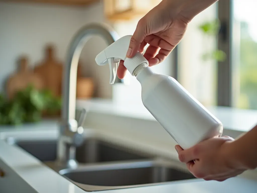 temizlik ürünü seçimi A hand holding a sleek white bottle of cleaning solution over a stainless steel kitchen sink. The background is blurred showing a clean modern kitchen counter with soft daylight illumination.