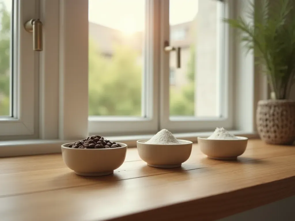 A minimalist living space with open windows letting in morning light. Small ceramic bowls containing coffee beans and baking soda sit on a clean wooden shelf. The room feels airy and fresh, with soft shadows and a calm, uncluttered composition.