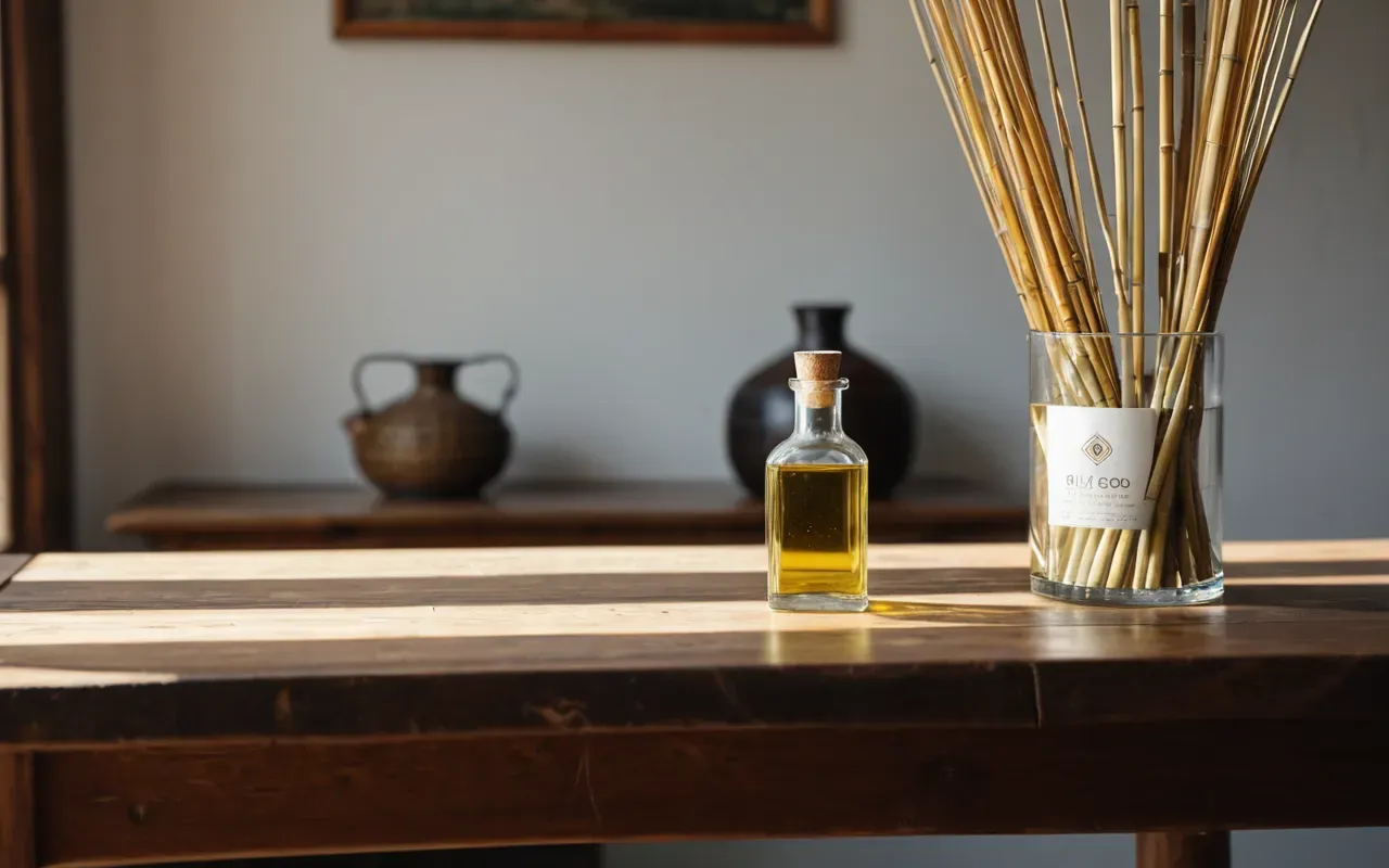 doğal difüzör A minimalist wooden table holding a small glass bottle filled with light-colored oil. Several bamboo reeds are inserted into the bottle and fanning out elegantly. The background is soft white, emphasizing clean lines and natural textures without any visible text.