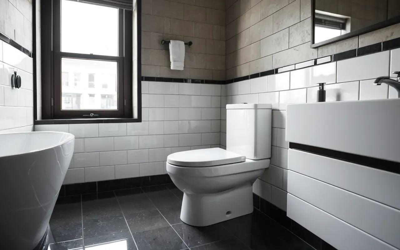 temiz banyo ortamı A modern bathroom with a glossy white toilet seat and clean ceramic tiles. Soft natural light from a window illuminates the space.