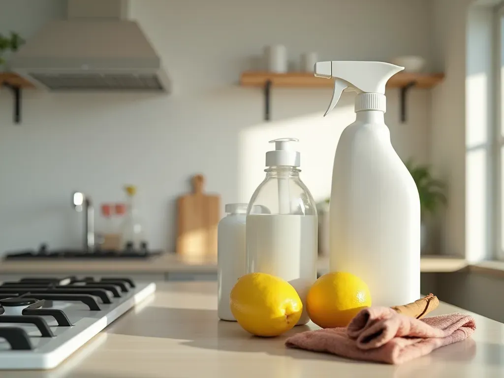 mutfak temizlik malzemeleri A modern kitchen with a clean stove and sink area where natural cleaning supplies are neatly arranged on the counter next to fresh lemons and cinnamon sticks.
