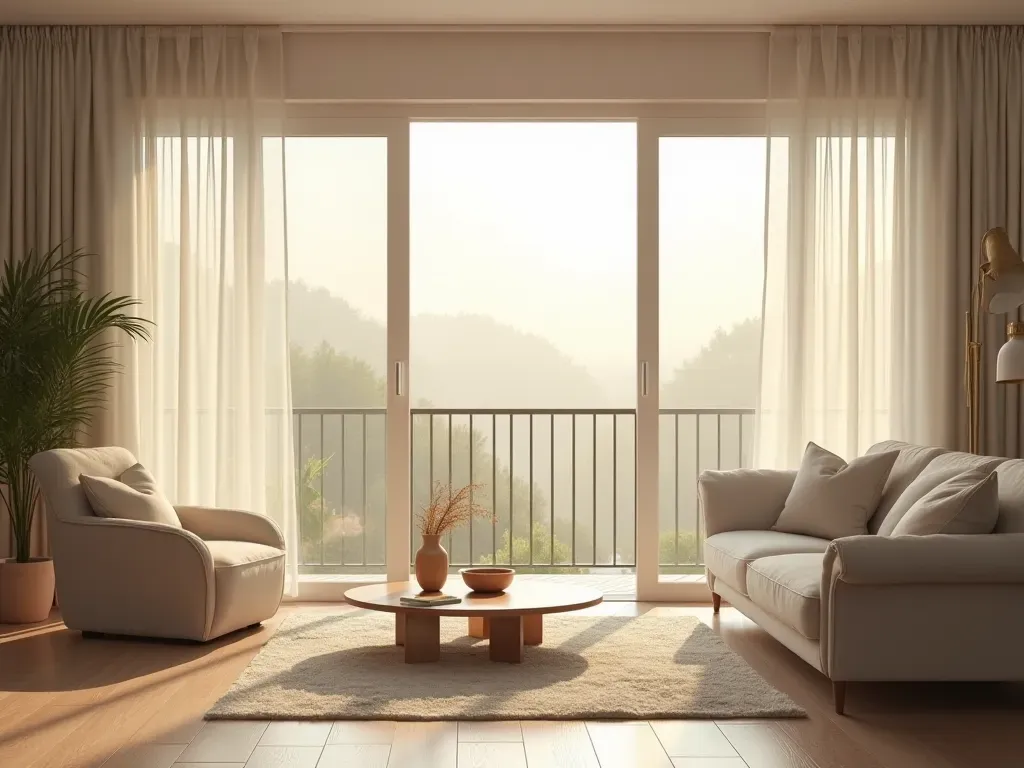 ev havalandırma taktikleri A modern living room interior with open windows allowing fresh air circulation. Soft morning light streams through the curtains creating a clean and airy atmosphere representing proper ventilation solutions.