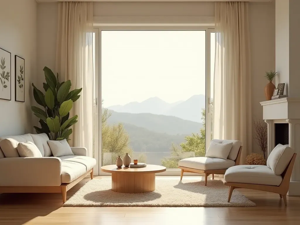 evdeki koku yorgunluğu A modern living room with a large open window letting in fresh air and sunlight illuminating clean furniture.
