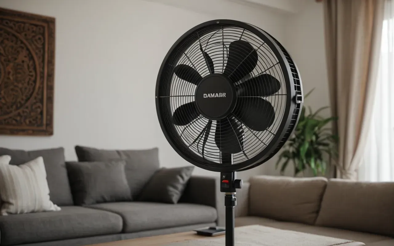 temiz hava ortamı A modern living room with clean air circulation fans and fresh linen curtains blowing gently in the breeze, symbolizing a healthy and odor-free indoor environment.
