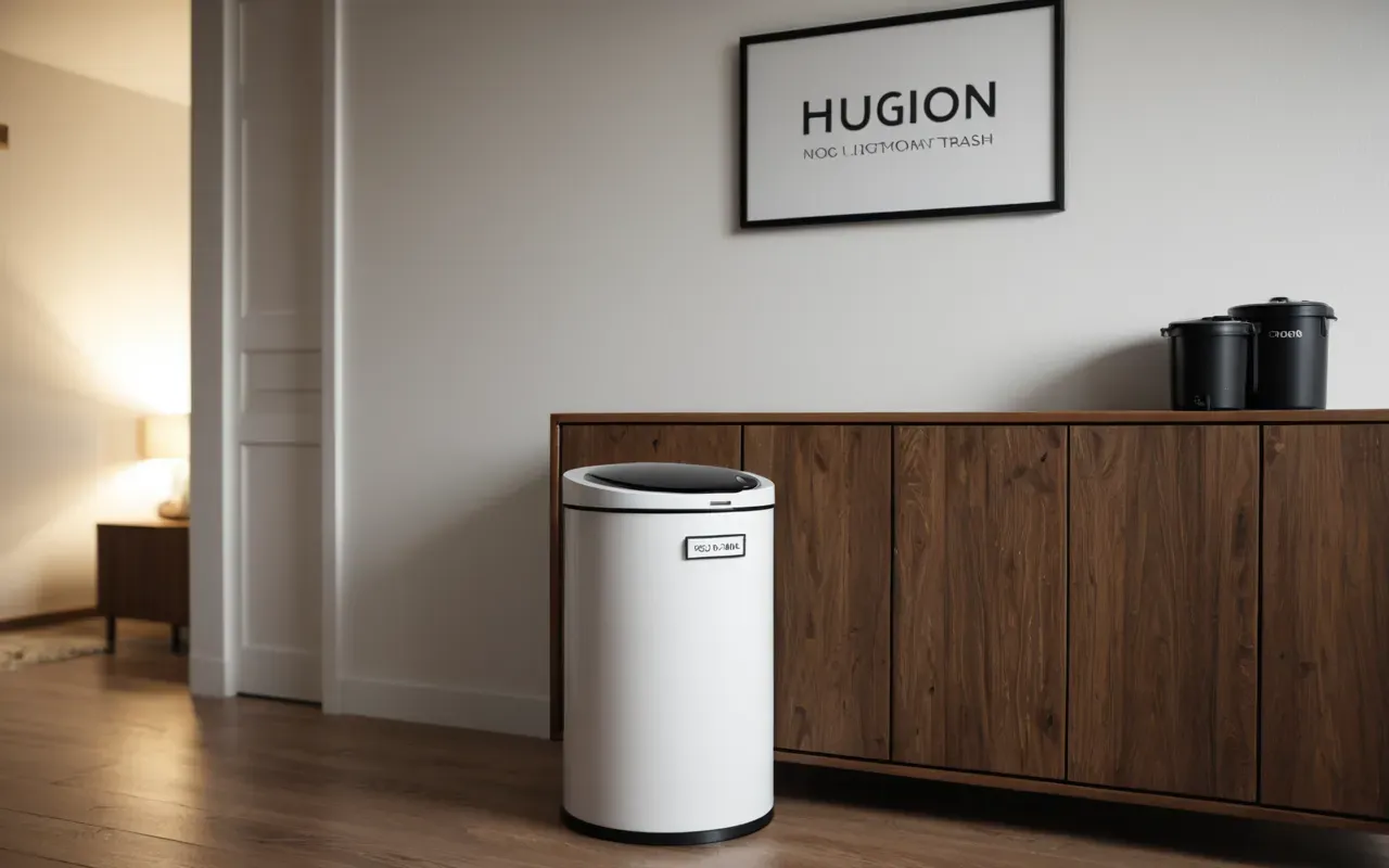 dekorasyon önerileri A modern minimalist living room with a clean white trash can integrated into a wooden sideboard under soft ambient lighting.