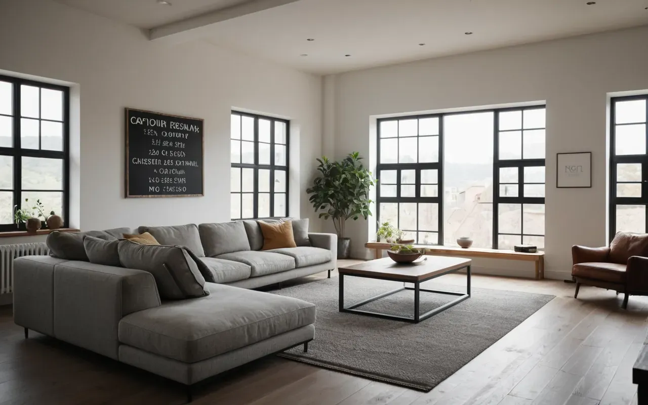 ferah yaşam alanı A modern minimalist living room with large windows letting in natural light showing a clean airy atmosphere free from clutter or odors symbolizing fresh home environment