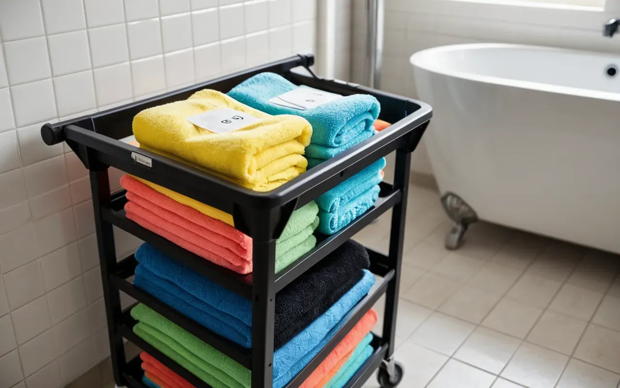 düzenli temizlik malzemeleri A neatly organized cleaning cart with colorful microfiber cloths stacked in different compartments. The setting is a modern bathroom with white tiles and good lighting.