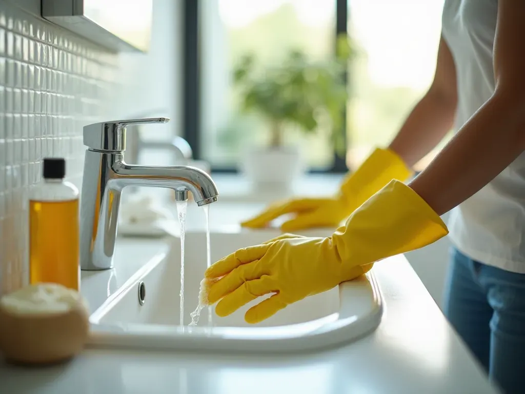 banyo lavabo temizliği A person cleaning a modern bathroom sink and faucet with natural ingredients like lemon juice and vinegar while wearing rubber gloves in a brightly lit space.