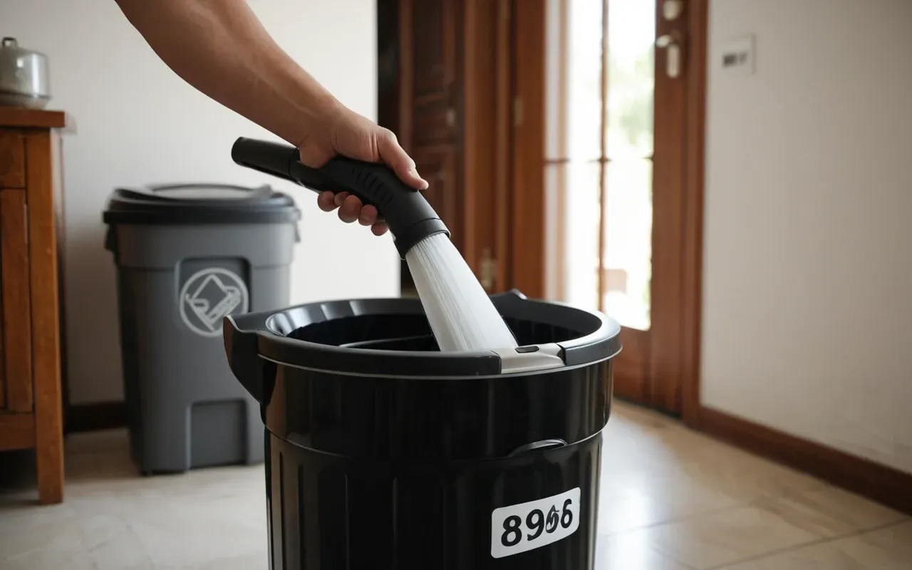süpürge bakımı rutini A person emptying a vacuum cleaner dust canister into an open trash bin in a well-lit living room, demonstrating good maintenance habits for home appliances.