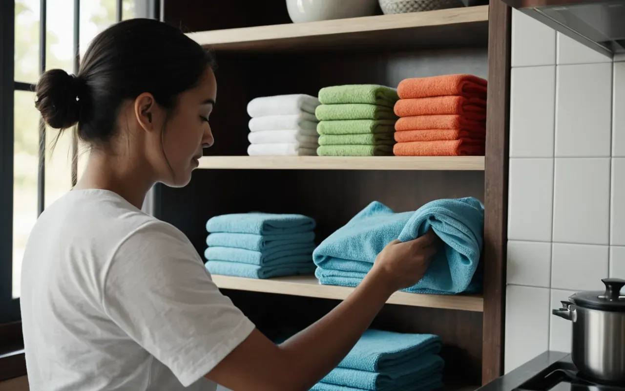mikrofiber bez kullanımı A person in a modern kitchen holding two different colored microfiber cloths while organizing shelves and wiping down surfaces with soft natural light.