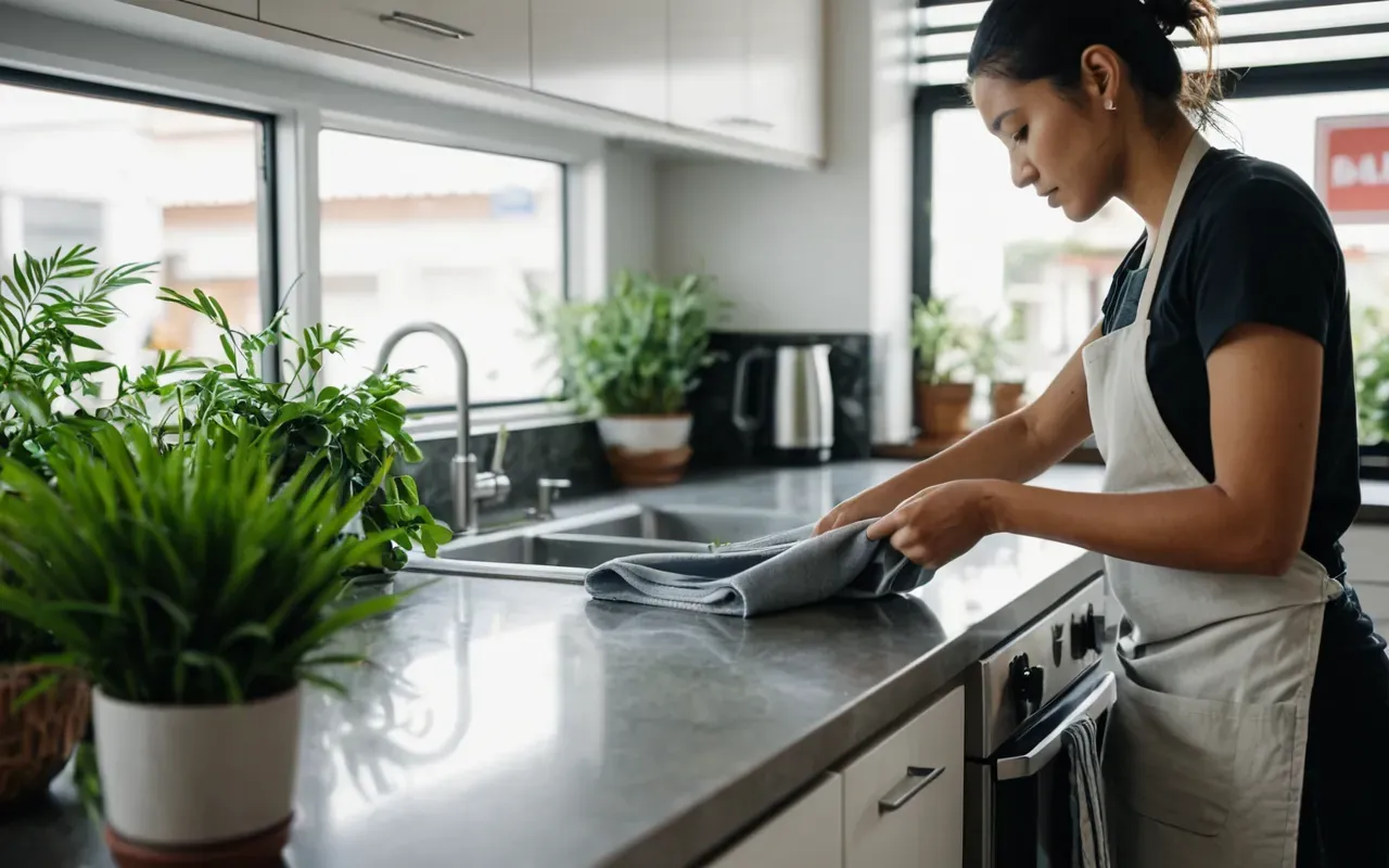 ev temizliği sahnesi A person in a modern kitchen wiping the counter with a cloth. Bright and clean atmosphere with green plants in the background.