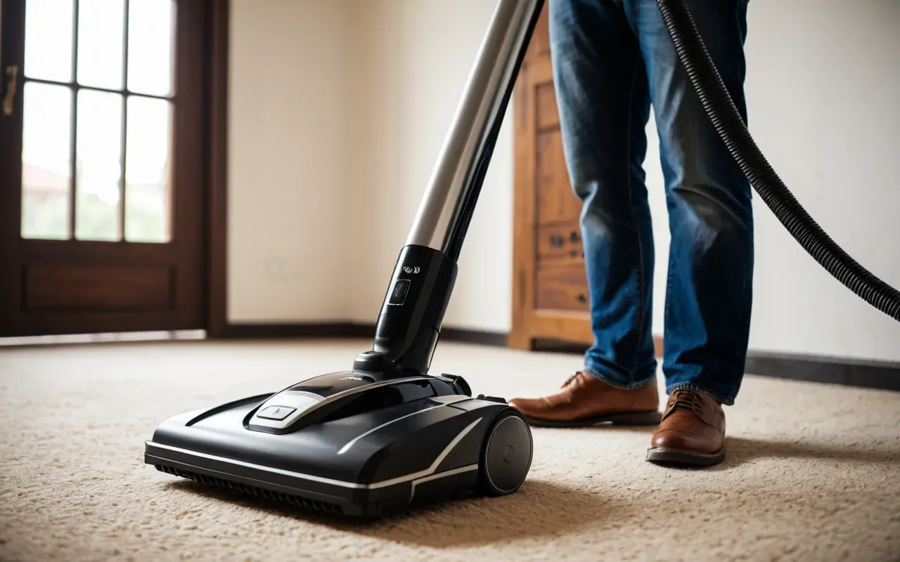 süpürge temizlik bakımı A person using a modern vacuum cleaner with visible dust collection and clean filter cartridge in an organized home environment.