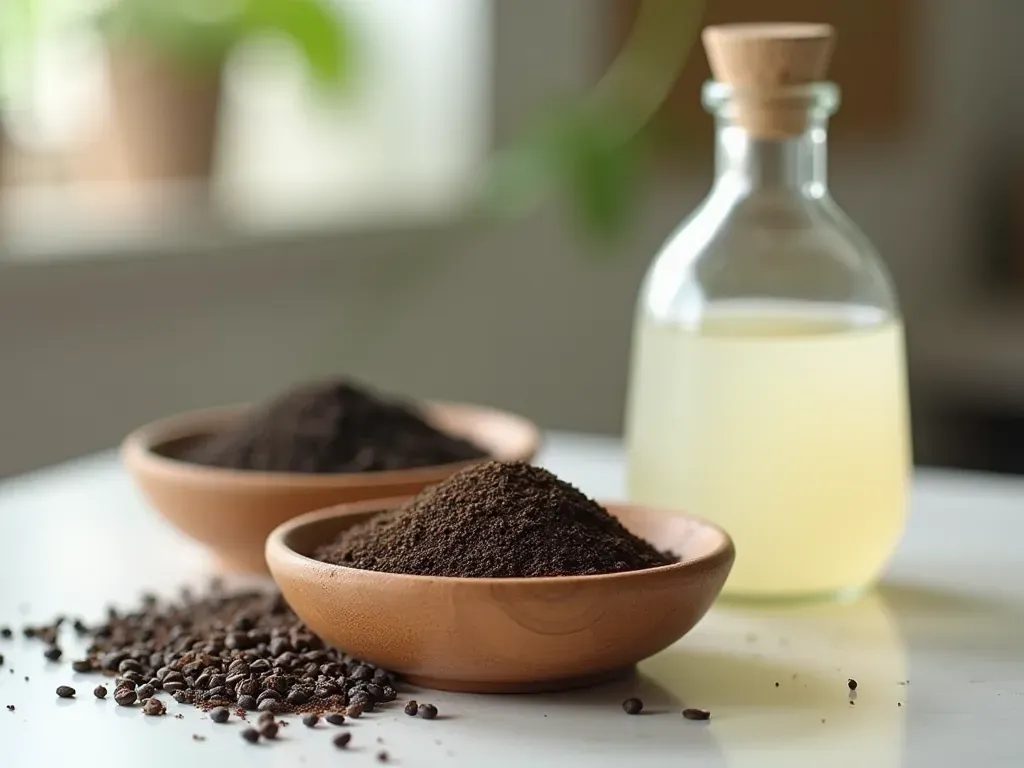 A photo of a clean kitchen counter with small bowls containing black pepper and dried coffee grounds next to a bottle of white vinegar.