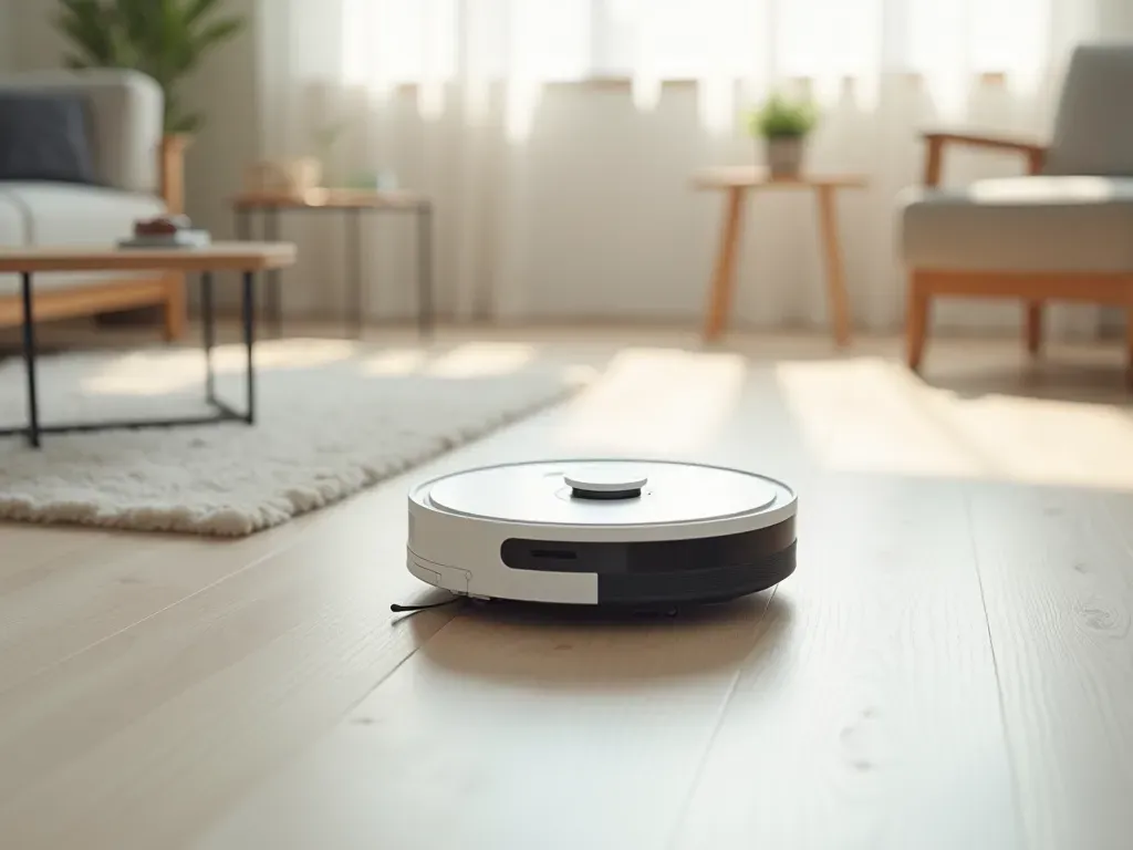 robot süpürge teknolojisi A sleek white robot vacuum cleaner moving across a light wooden floor in a bright modern living room with minimal furniture.