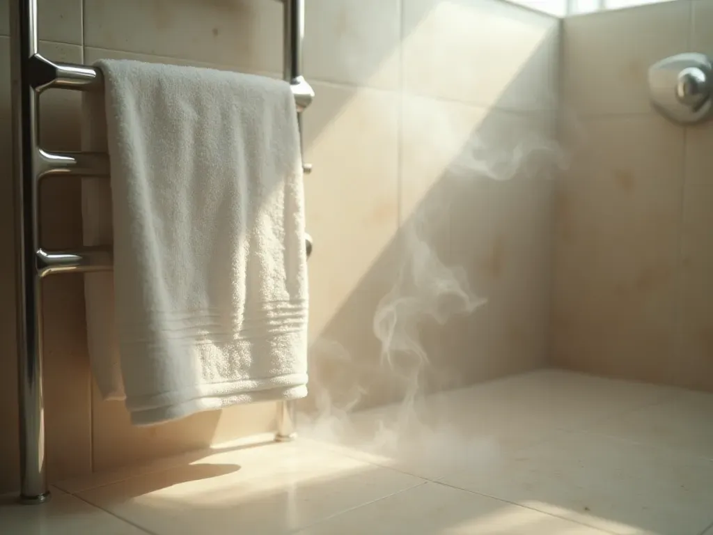 buhar banyo A steamy bathroom scene with a white towel hanging on a metal rack. Wisps of steam rise from the floor, creating a soft fog around the fabric. The lighting is warm and diffused, emphasizing the moisture in the air and the relaxed atmosphere.