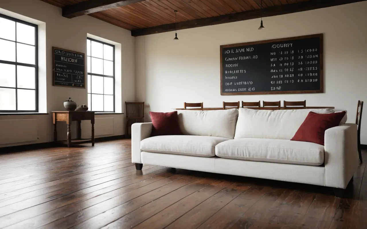 ev temizliği tüyoları A tidy living room with a white sofa and clean wooden floor featuring natural light streaming through large windows in the background.