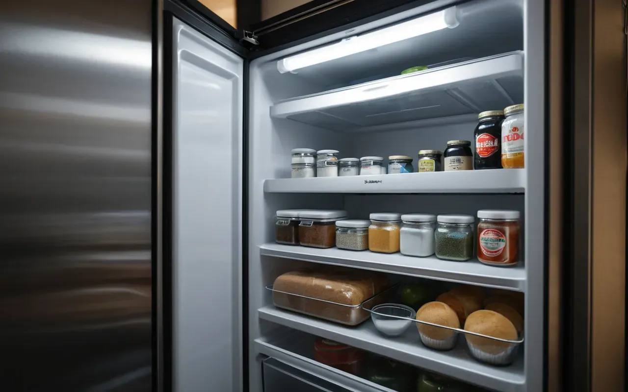 buzdolabı düzeni A tidy modern refrigerator interior with neatly arranged glass containers, a small bowl of baking soda on the middle shelf, soft ambient lighting, clean stainless steel finishes, no text or branding visible