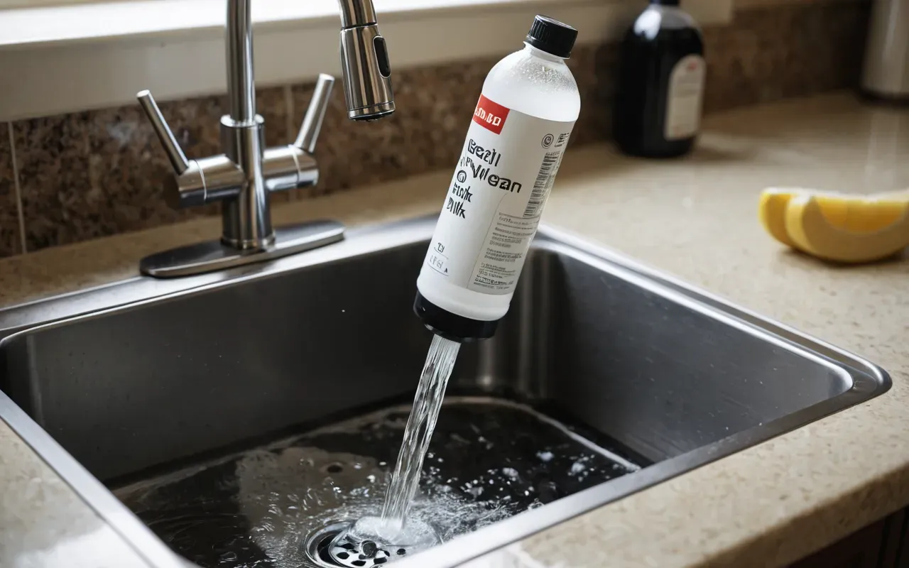 filtre yıkama işlemi A vacuum cleaner filter being rinsed under running water in a kitchen sink with a small bottle of white vinegar nearby, emphasizing hygiene and cleaning routine.