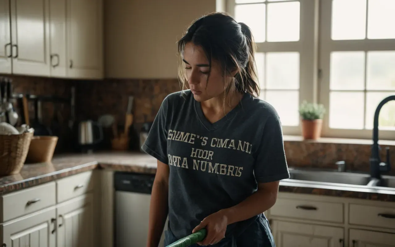 yorgun ev hanımı A woman looking tired while holding a mop in a messy kitchen with natural light streaming through the window. She is wearing casual home clothes and has an overwhelmed expression on her face.