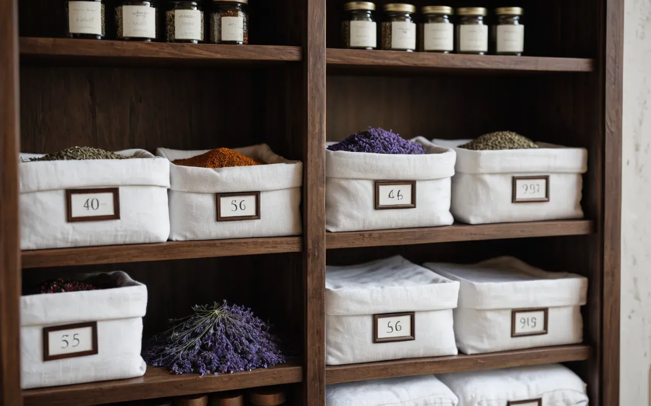 dolap düzenleme ve ferahlık An elegant wooden wardrobe interior with small fabric sachets filled with dried lavender and spices neatly placed on shelves among folded white linens creating a fresh atmosphere no text visible