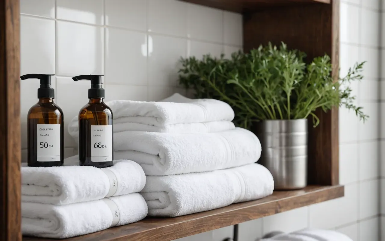 doğal banyo temizlik malzemesi Bathroom shelf holding glass spray bottles with simple labels and fresh herbs next to white towels organized neatly showing natural cleaning setup bright soft lighting no text visible