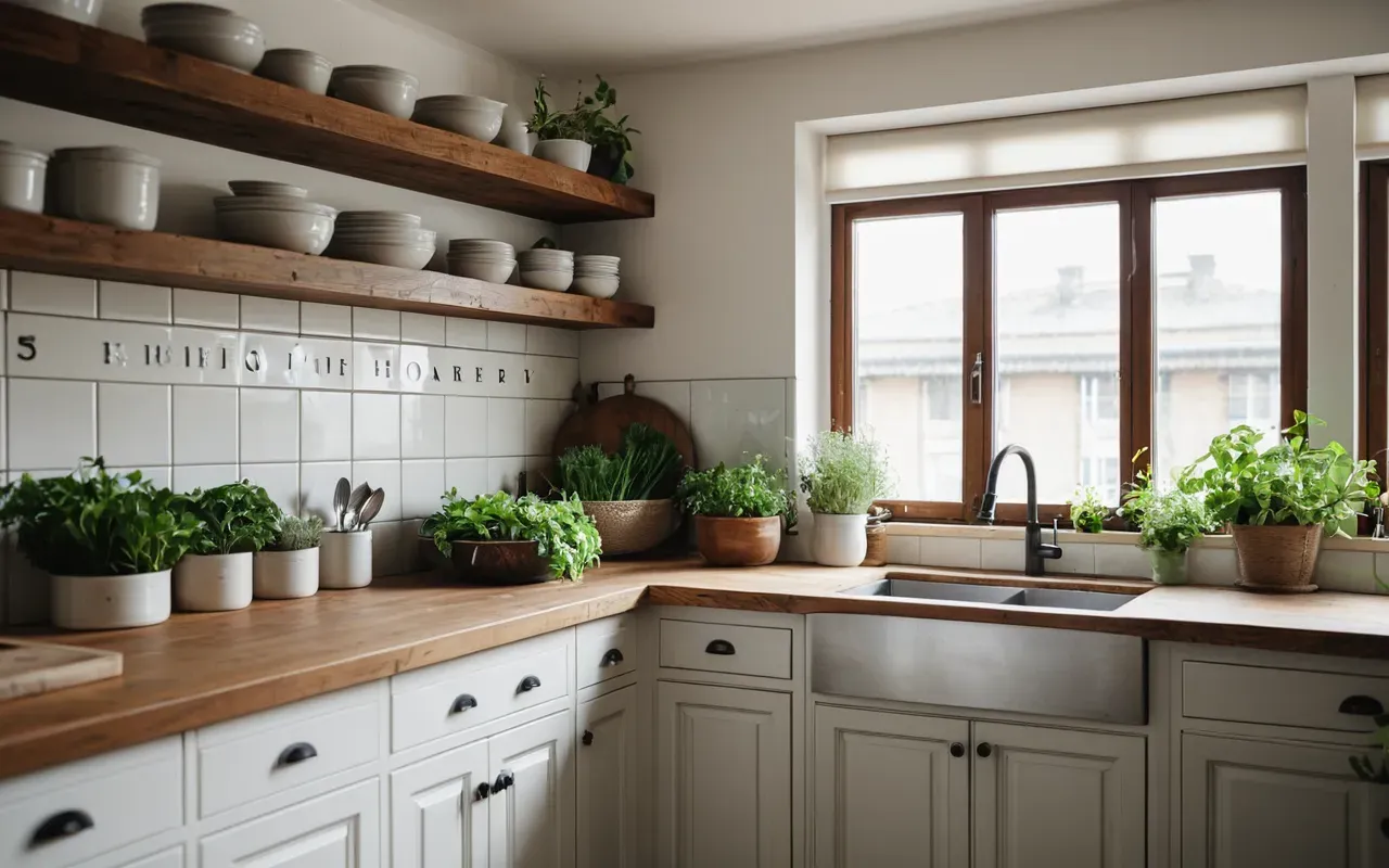 düzenli mutfak hijyeni Bright airy kitchen with open cabinets showing organized storage solutions clean countertops and fresh herbs on window sill symbolizing tidy healthy home environment natural lighting no people visible