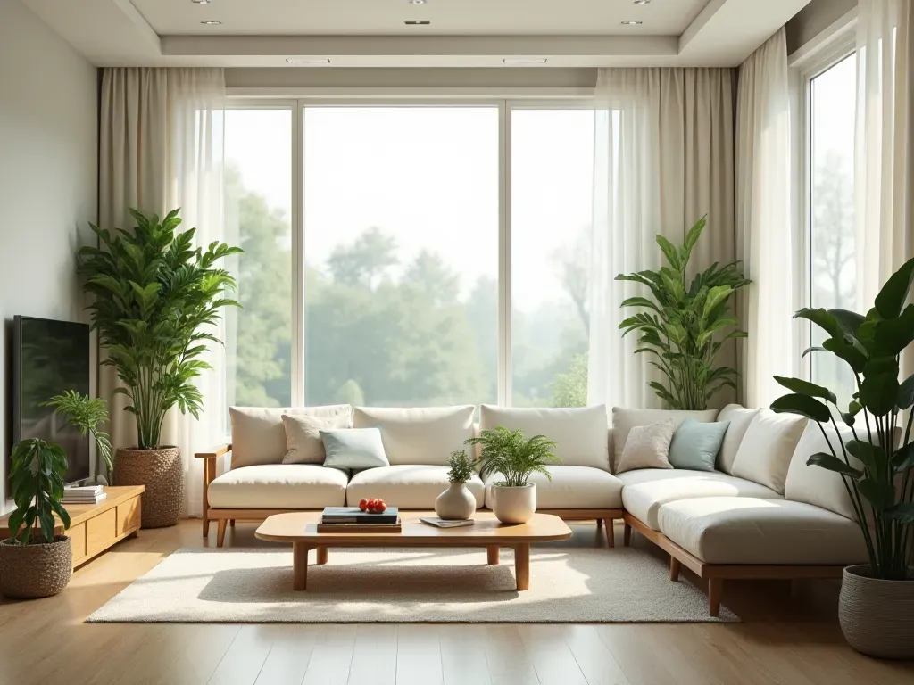 Bright modern living room interior with large windows, clean neutral furniture, potted green plants, soft daylight, editorial photography style