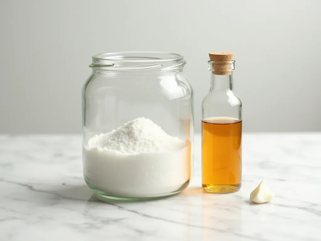 doğal temizlik malzemeleri Clean editorial still life of a glass jar filled with baking soda and a small bottle of apple cider vinegar on a bright white marble surface.