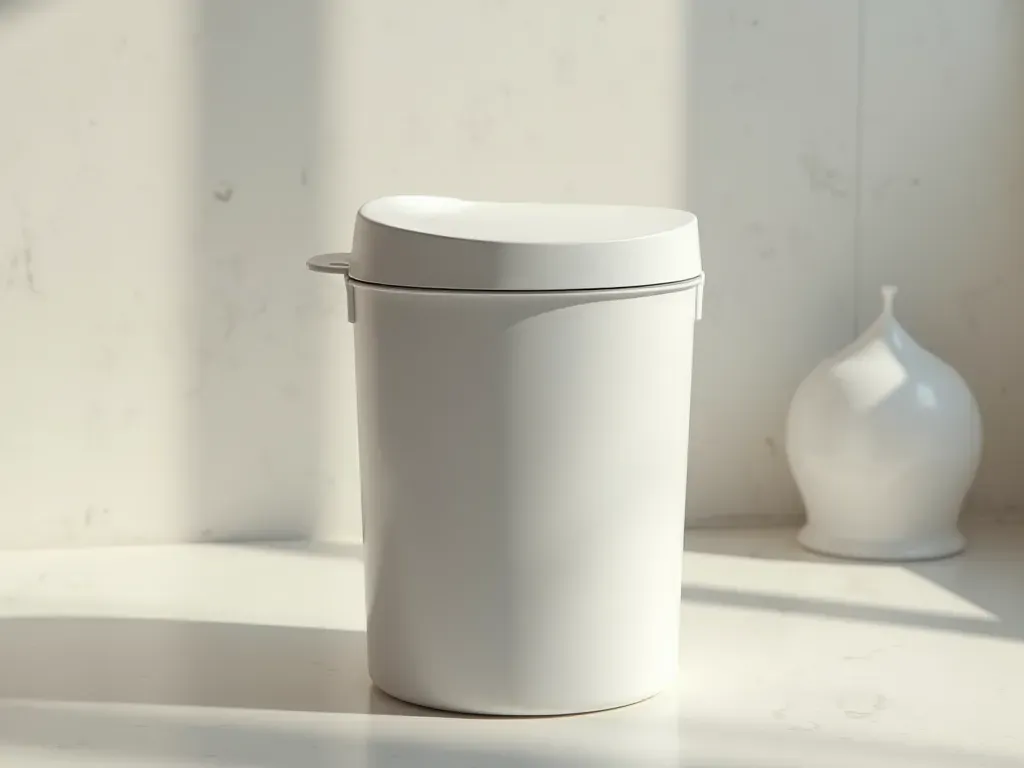 Clean editorial still life of a modern kitchen waste bin with a tight-fitting lid, neutral countertop, soft diffused daylight, minimalist composition