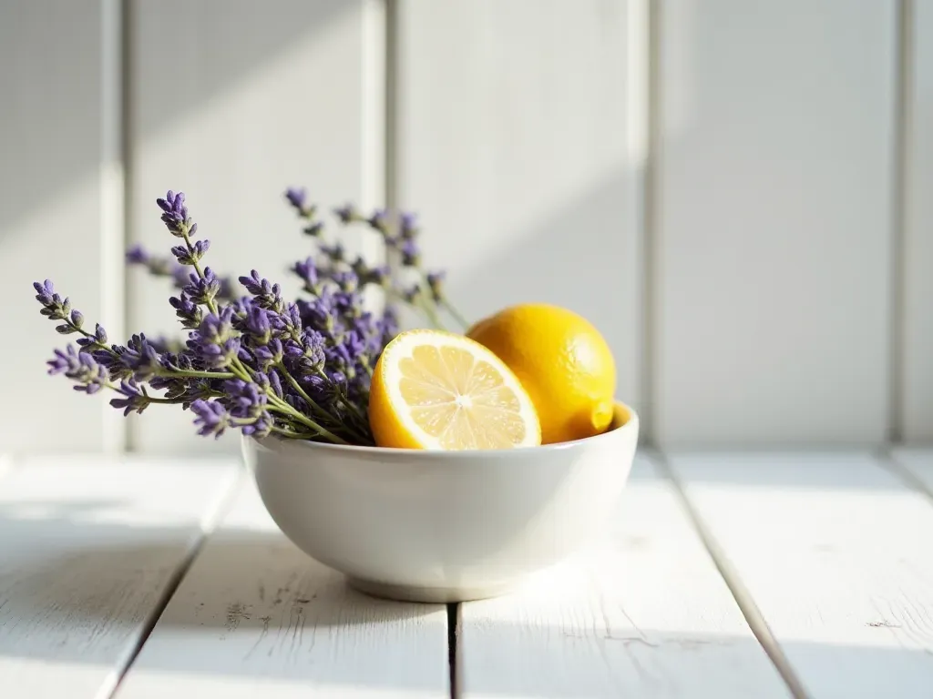 Close-up of a ceramic bowl filled with dried lavender sprigs and lemon slices on a clean white wooden table, soft natural lighting, minimalist still life