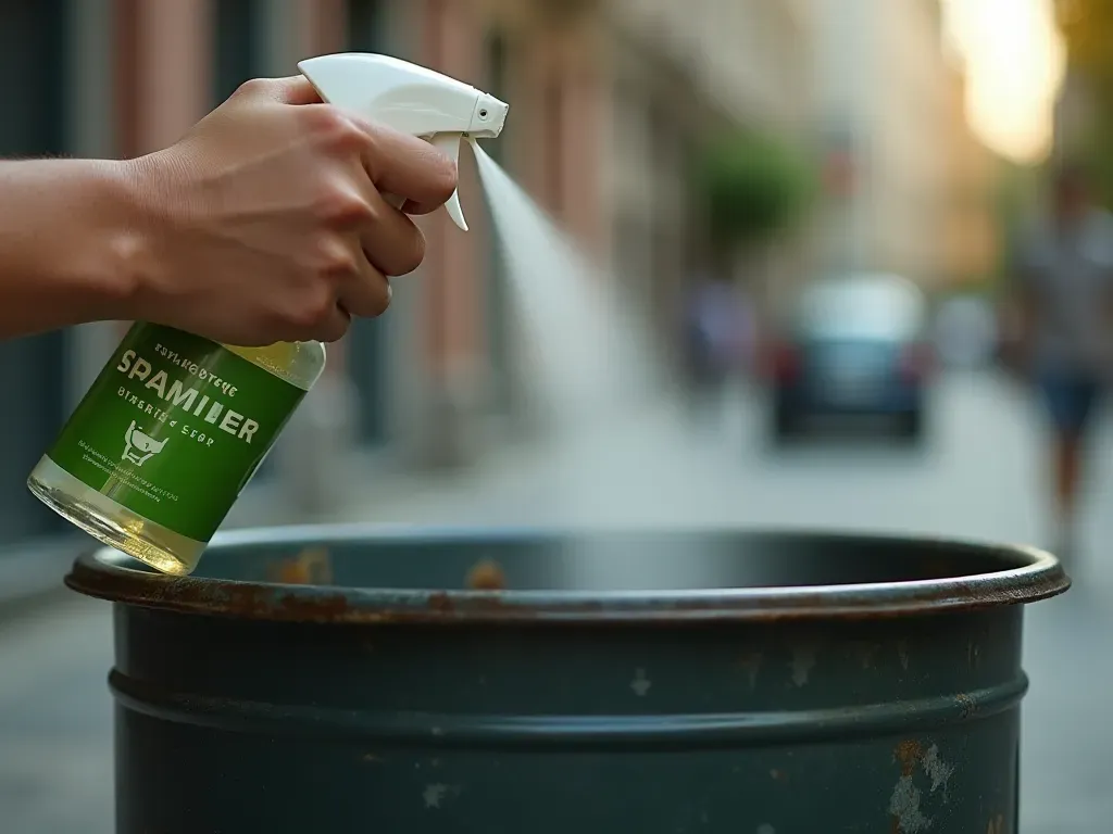 koku nötrleştirme spreyi Close-up of a hand holding a small spray bottle with a green label and spraying liquid onto the inside rim of an open trash can.