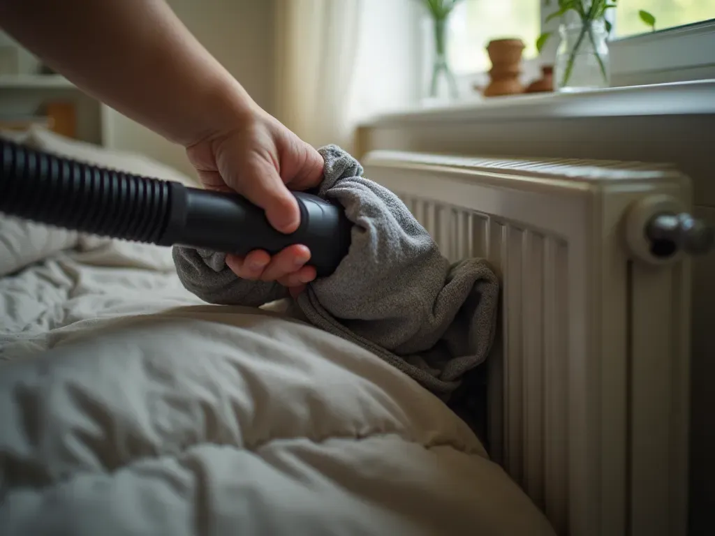 yatak altı ve petek temizliği Close up of a person using an old t-shirt wrapped around a vacuum cleaner hose to clean under a bed and between radiator bars in a cozy bedroom.